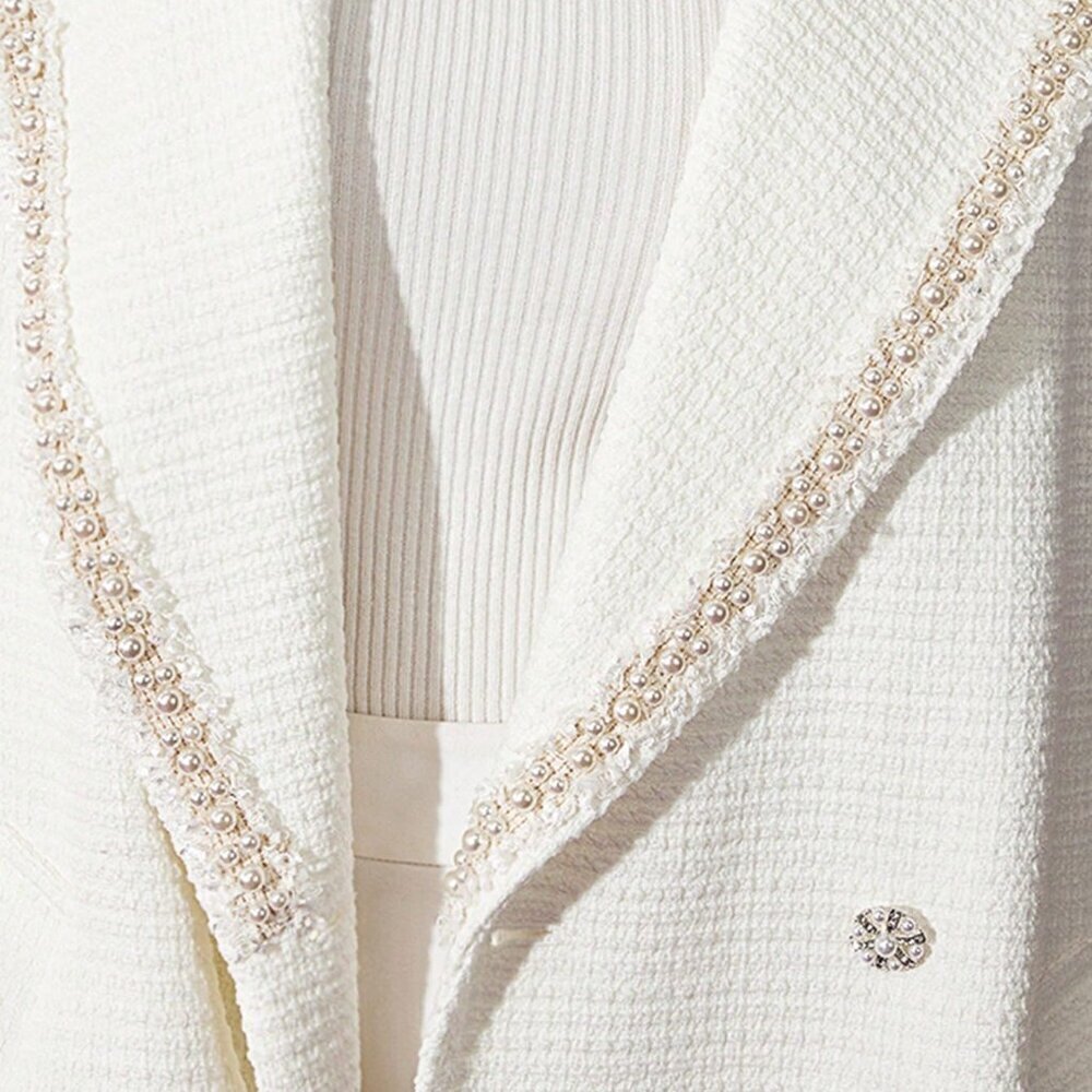 White Elegant Women's Belted Pearl Trim Tweed Coat - Picture 9 of 9